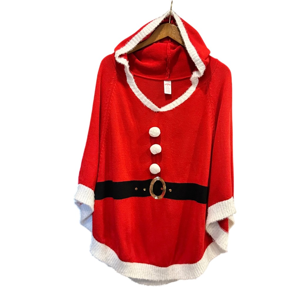 Holiday Time Santa Cape Poncho Red Knit Hooded Sweater Sequin Buckle XL/XG 16-18